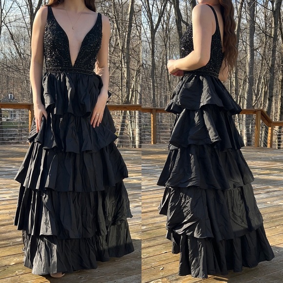 Sherri Hill Black Beaded Ruffle Tiered Prom Dress - Picture 2 of 14